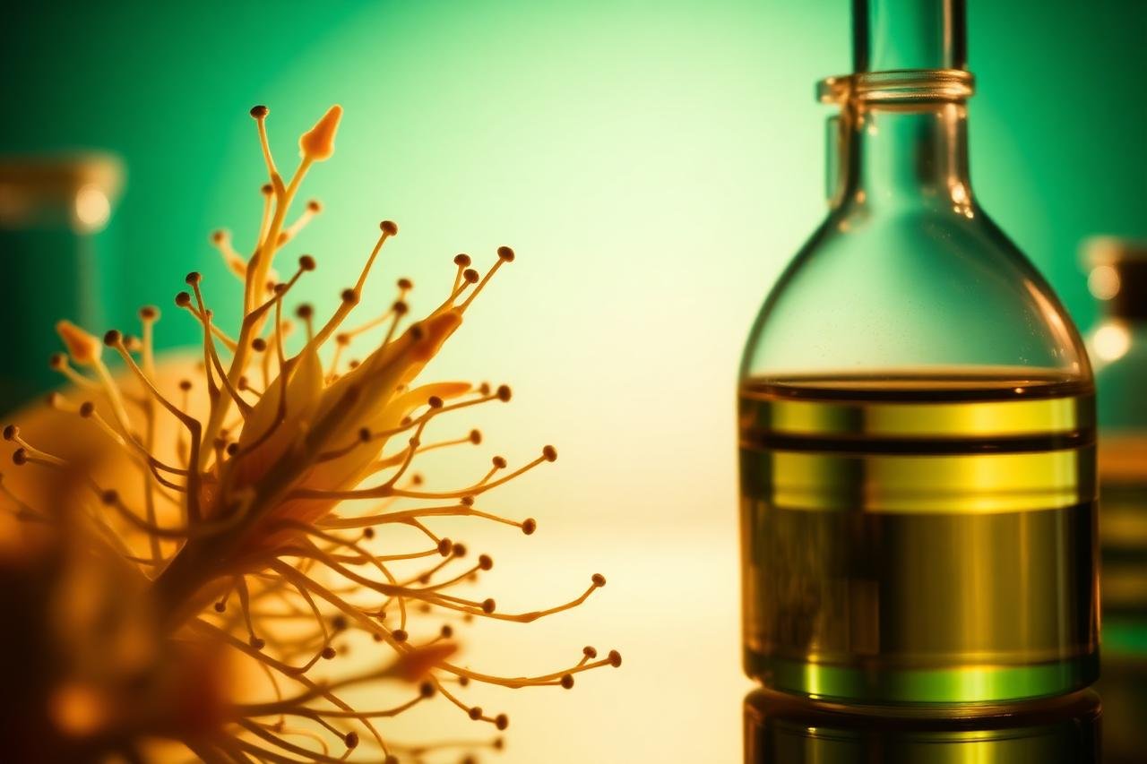 Macrofotografia de estrutura botânica ao lado de vidraria de laboratório