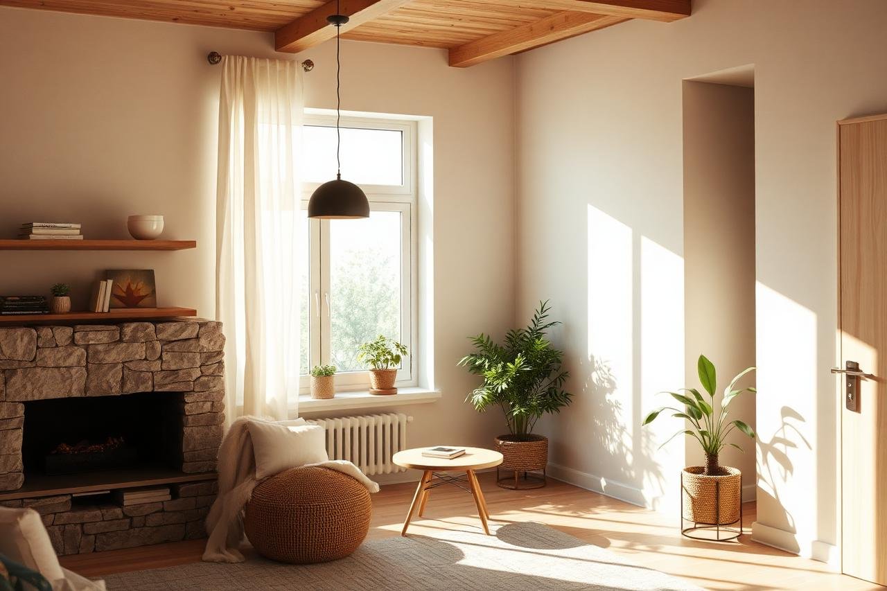 Sala minimalista com luz natural, madeira, pedra e plantas