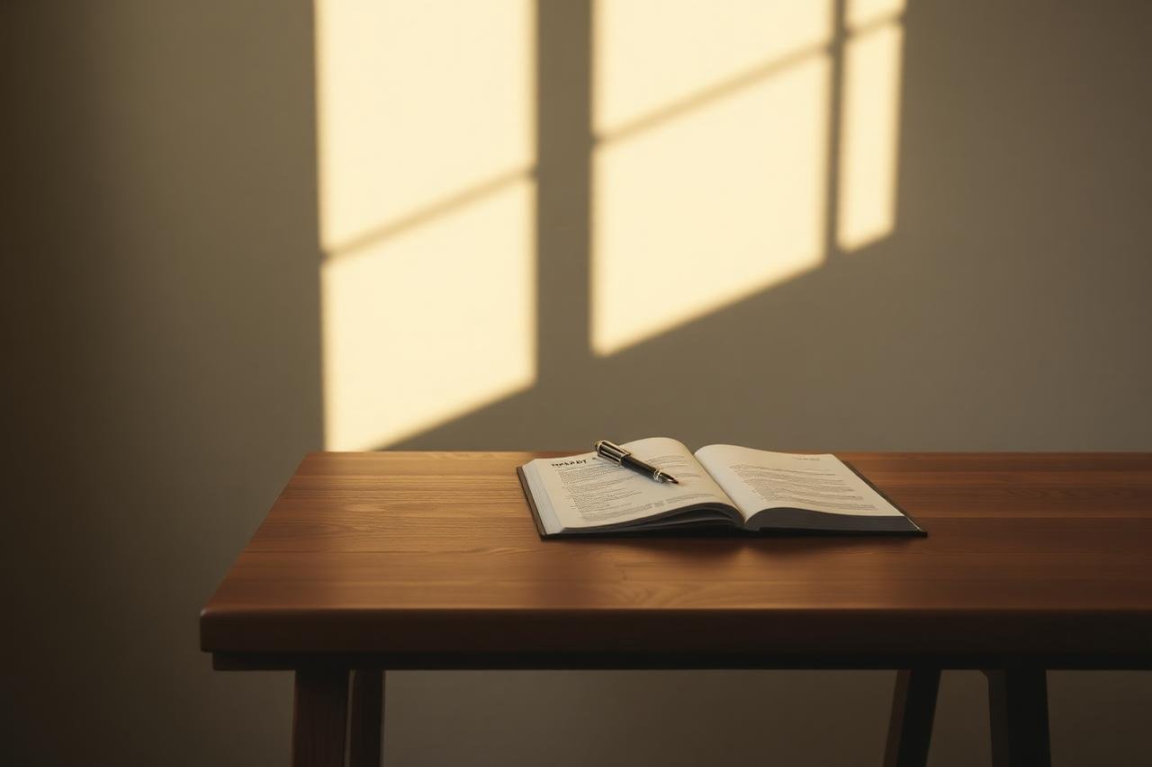 Mesa de madeira minimalista com caderno aberto sob luz lateral