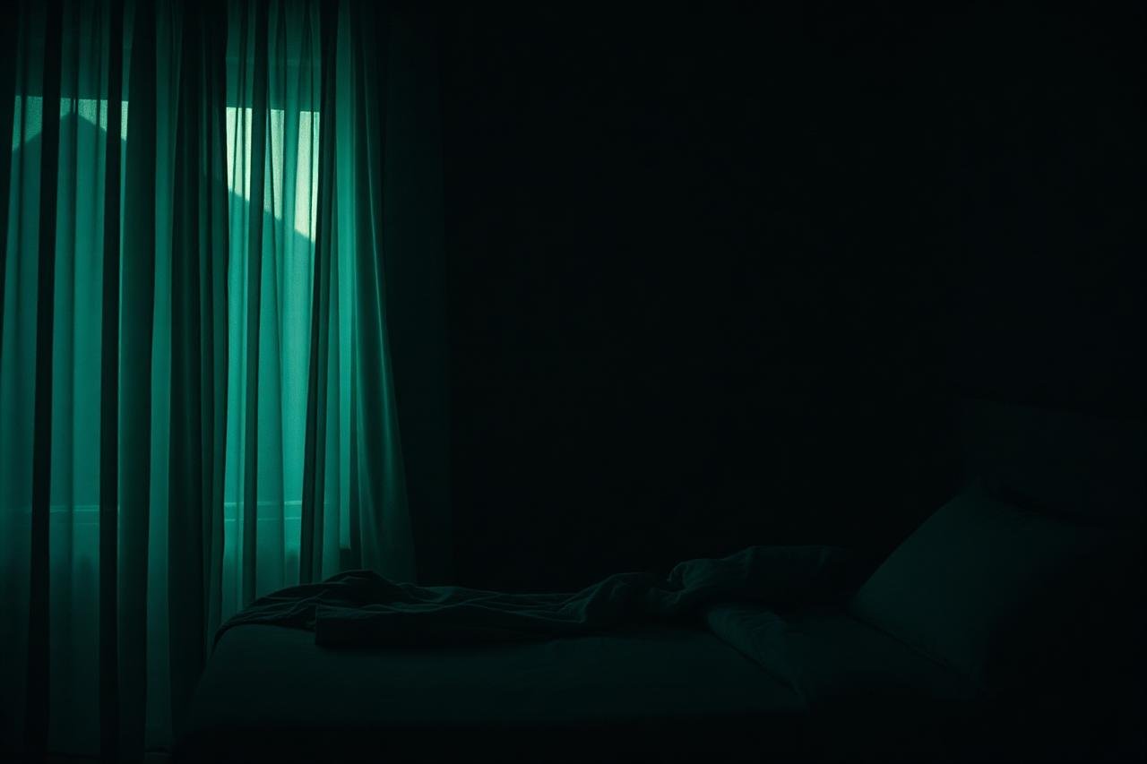 Quarto escuro com cortinas leves e luz suave da noite